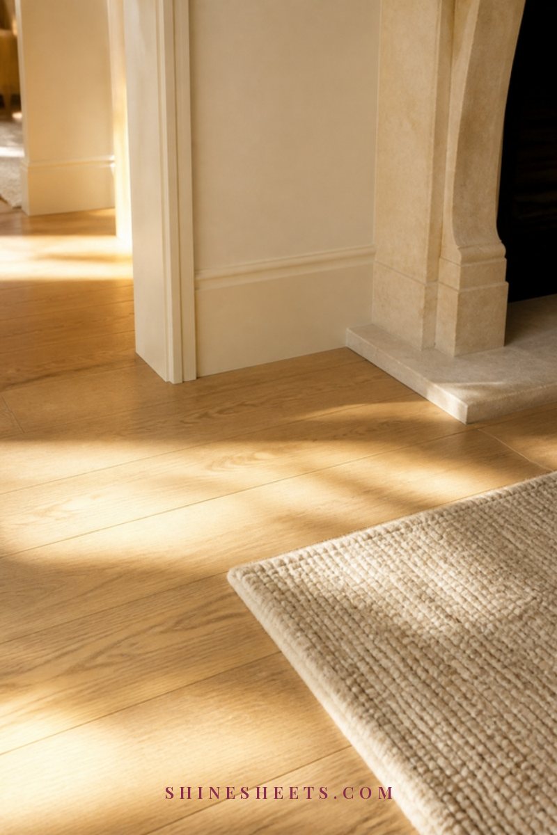 The folded-back corner of a cream wool area rug showing its woven underside on a light oak floor