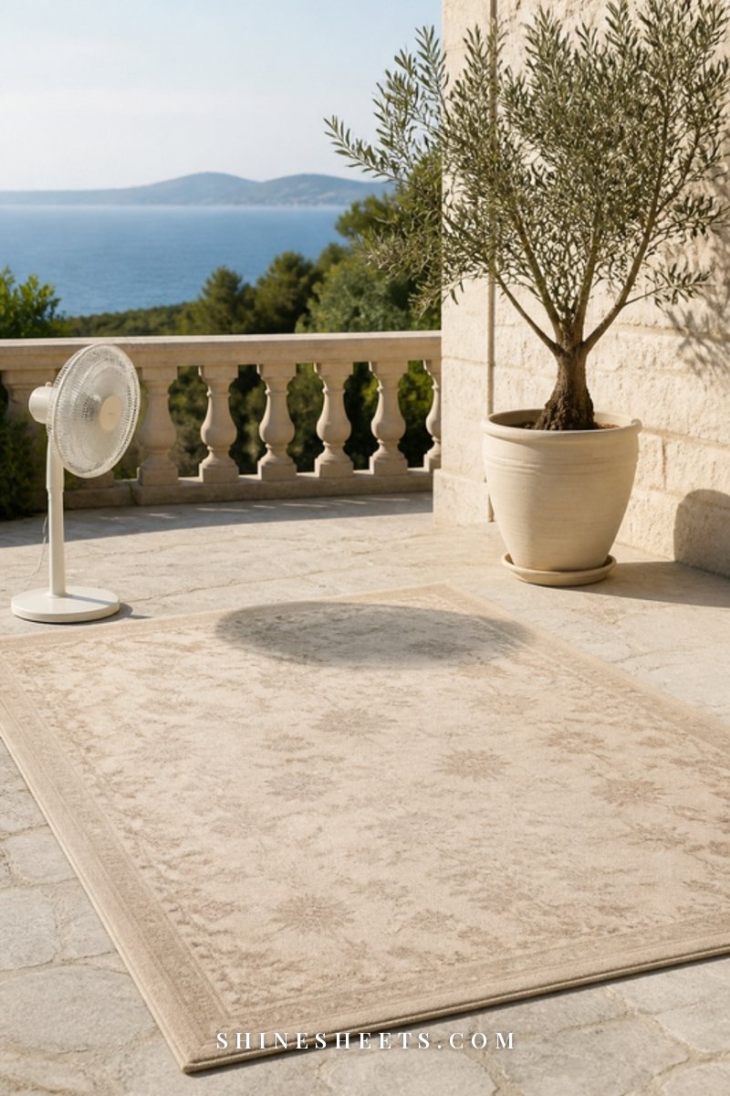 A freshly cleaned beige rug drying flat on a sunny terrace beside a white electric fan and potted olive tree