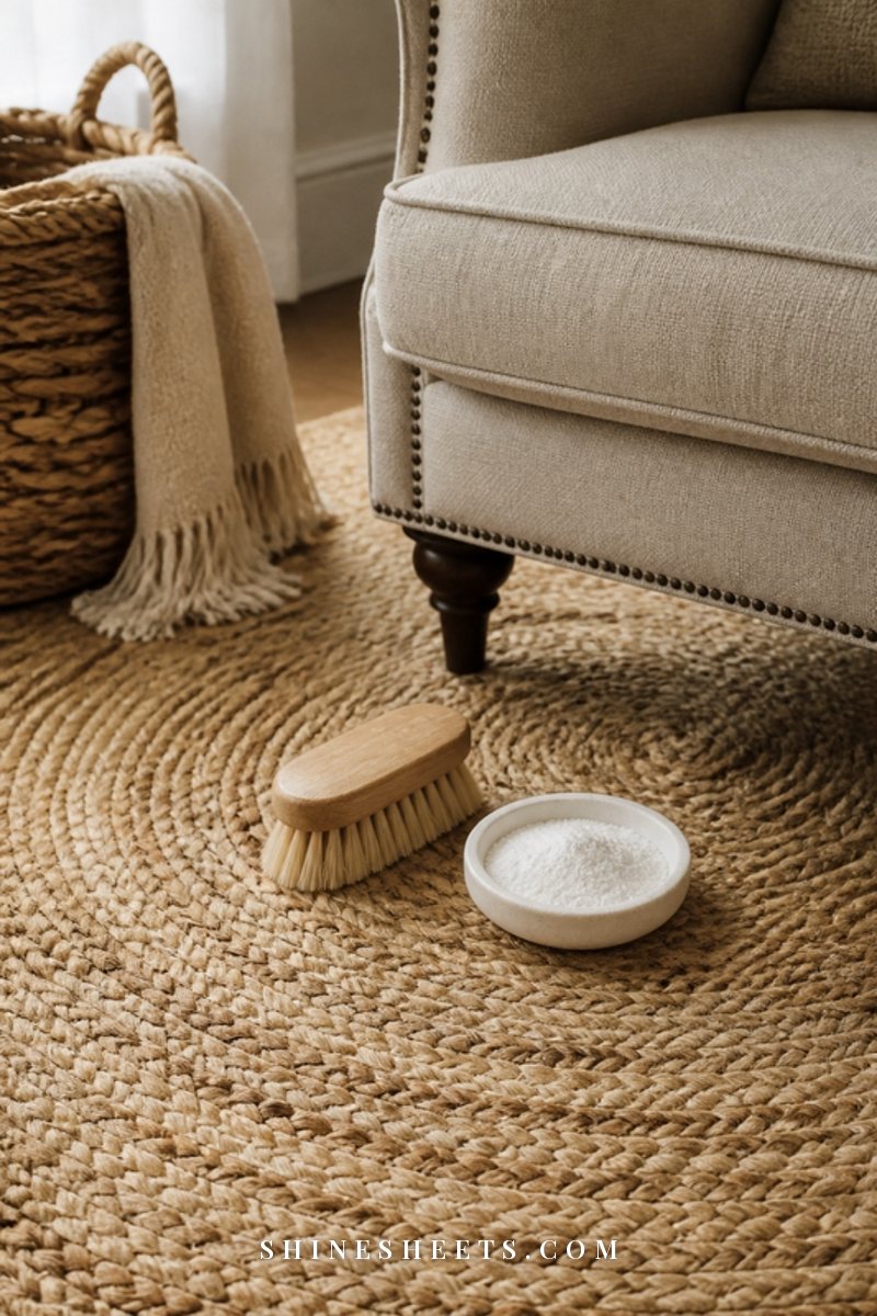 A natural jute rug under a cream linen armchair with a soft-bristle brush and a small dish of powder beside it
