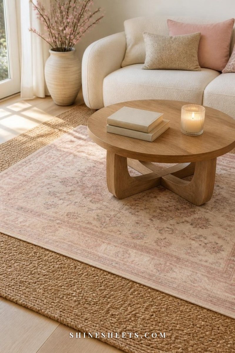 A plush beige area rug with a cream rug pad corner visible on a warm oak floor beside a linen sofa