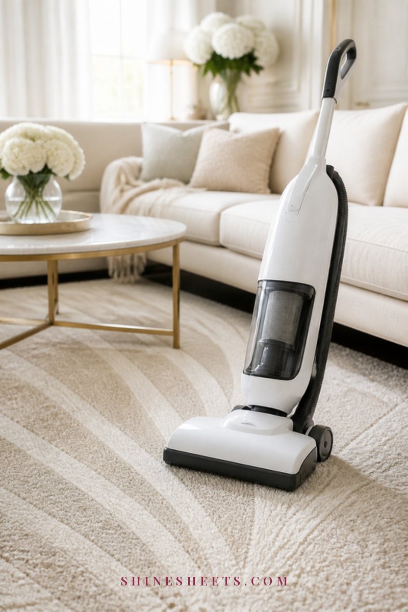 A sleek white vacuum resting on a soft beige wool rug in a bright, airy living room