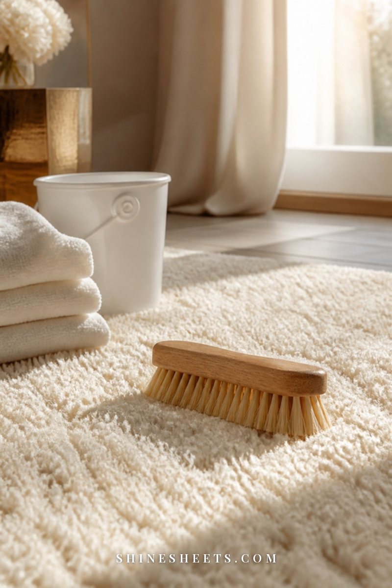 A soft cream wool rug with a natural wooden brush resting on it in warm afternoon light