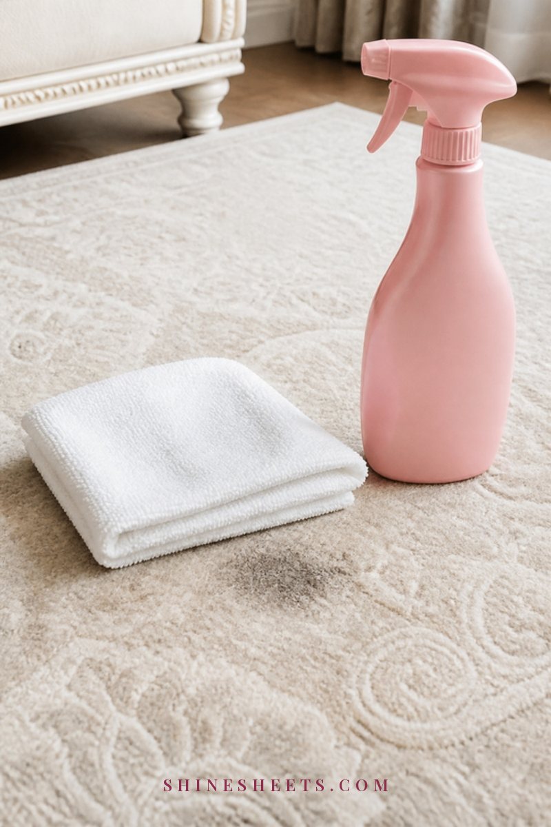 A white microfiber cloth blotting a small spot on a cream rug next to a blush spray bottle without a label