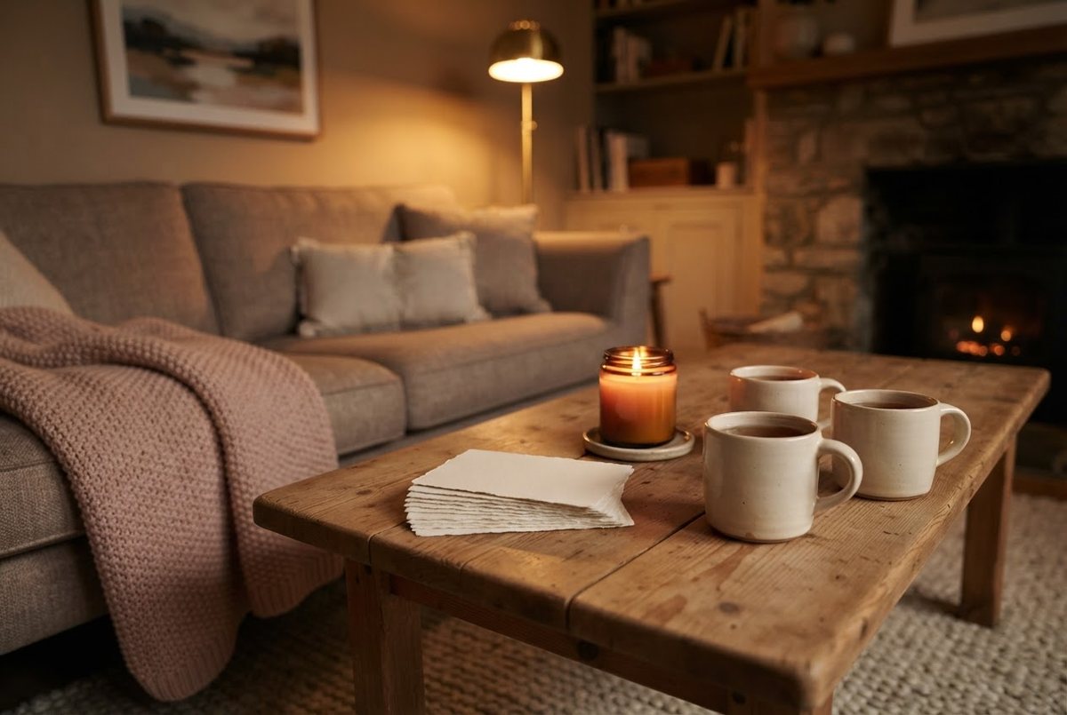 Cream question cards, a lit glass candle and three tea mugs on a low wooden coffee table with a blush throw