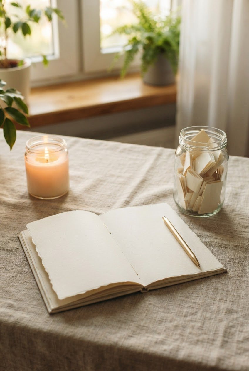 Open cream notebook, a gold pen and a jar of folded paper question slips beside a glass candle on a linen tablecloth