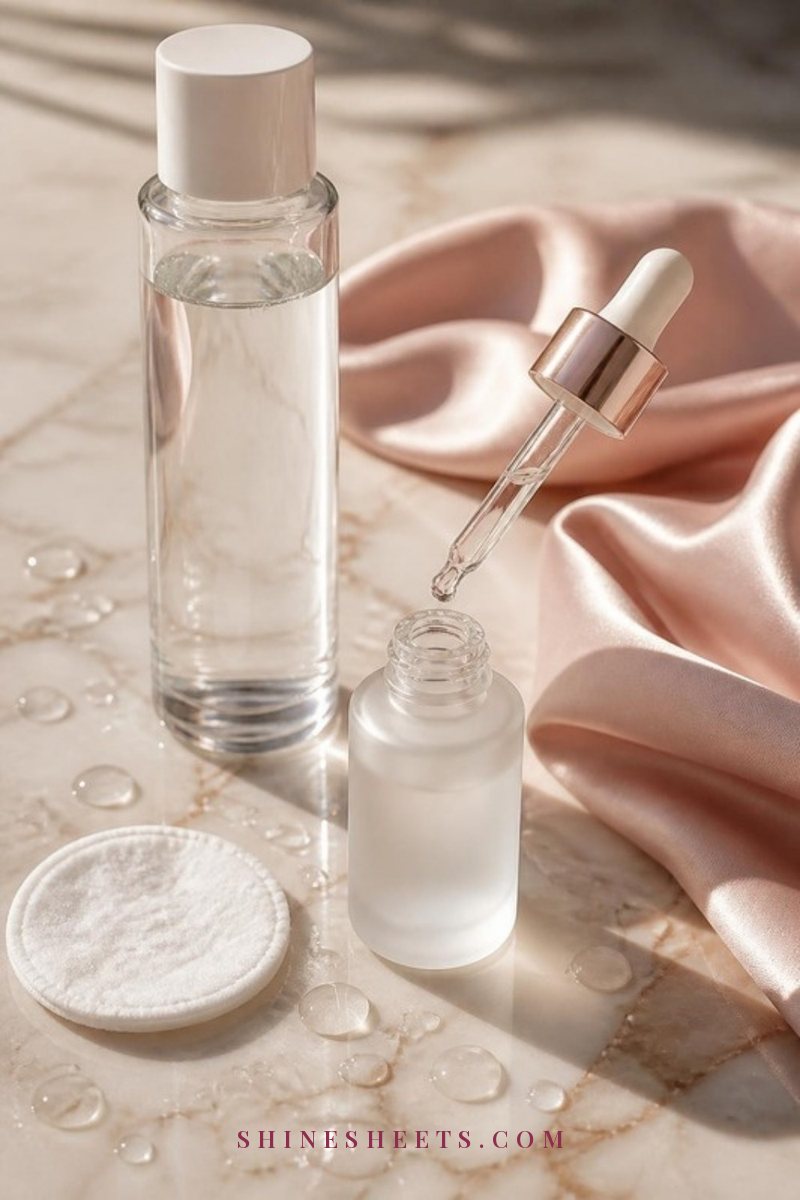 A clear glass bottle of hydrating toner, a serum dropper releasing a glossy drop and fresh water droplets on a cream marble surface