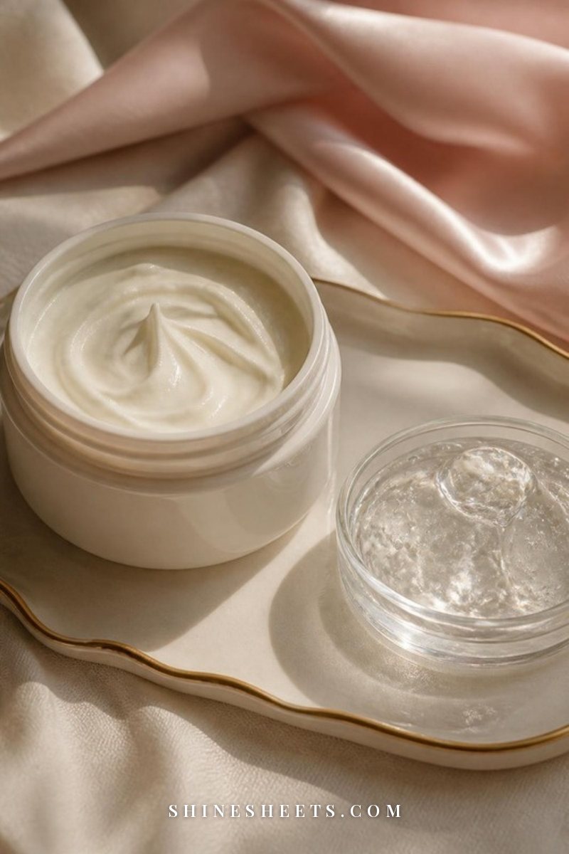 A jar of rich ivory cream beside a clear dish of glossy hydrating gel droplets on cream linen in soft daylight