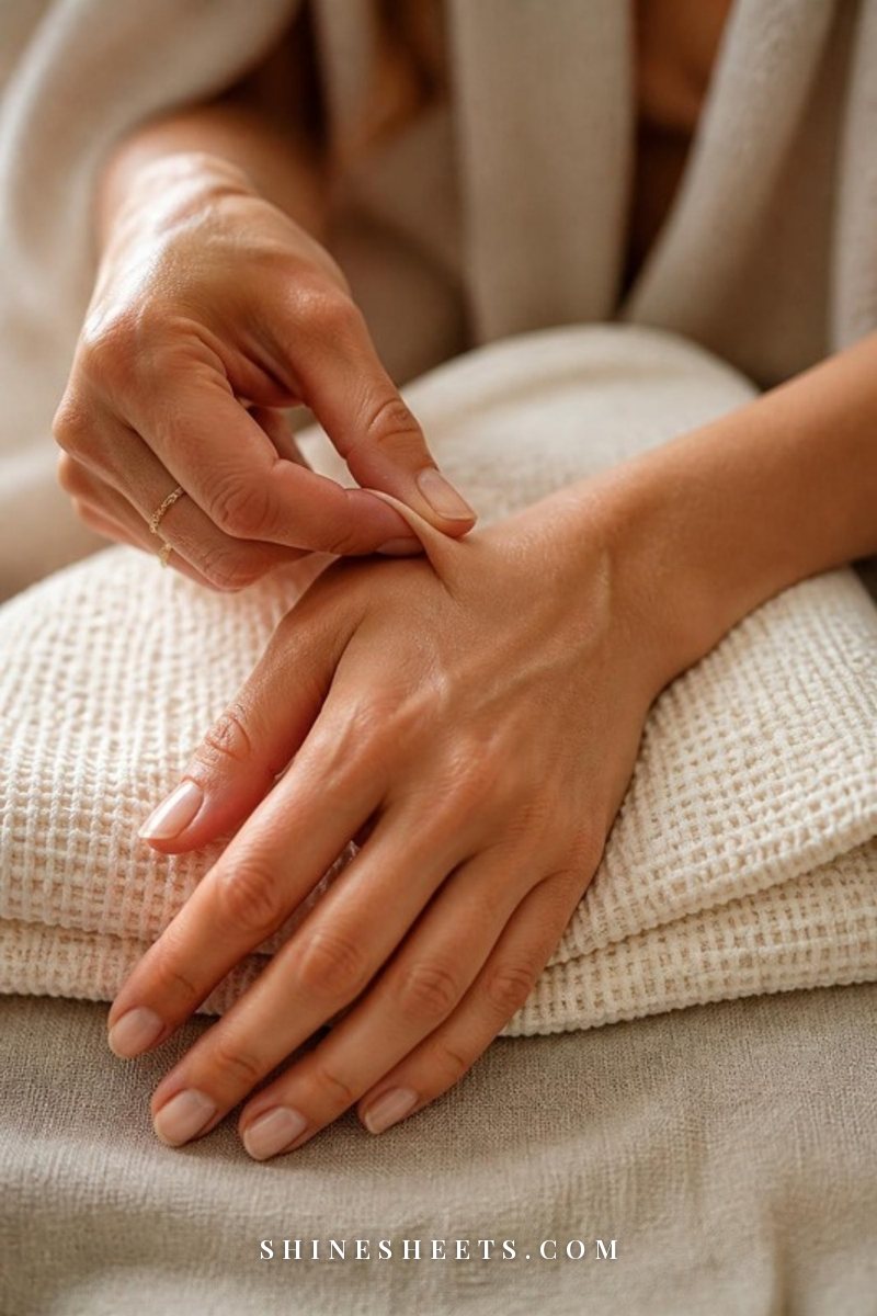 A woman's hand gently pinching the soft skin on the back of her other hand beside a cream towel in natural light