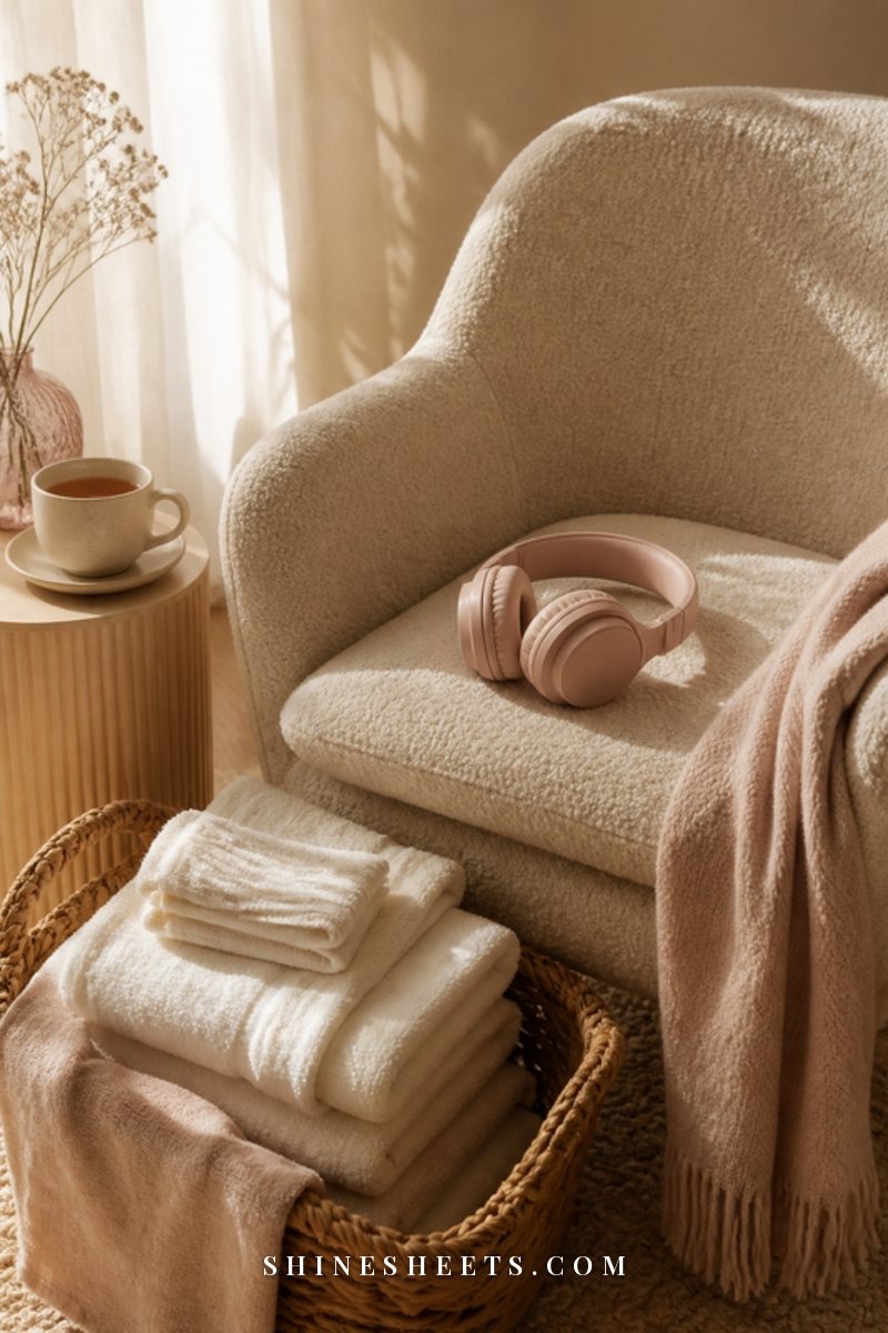 A cozy armchair with headphones, a cup of tea and a folded laundry basket of cream towels