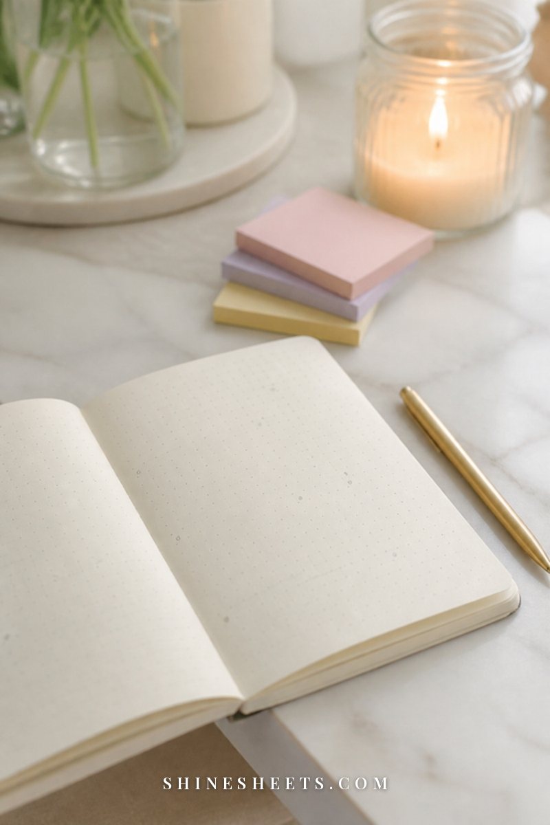 A cream habit tracker notebook with soft illegible marks, pastel sticky notes and a gold pen