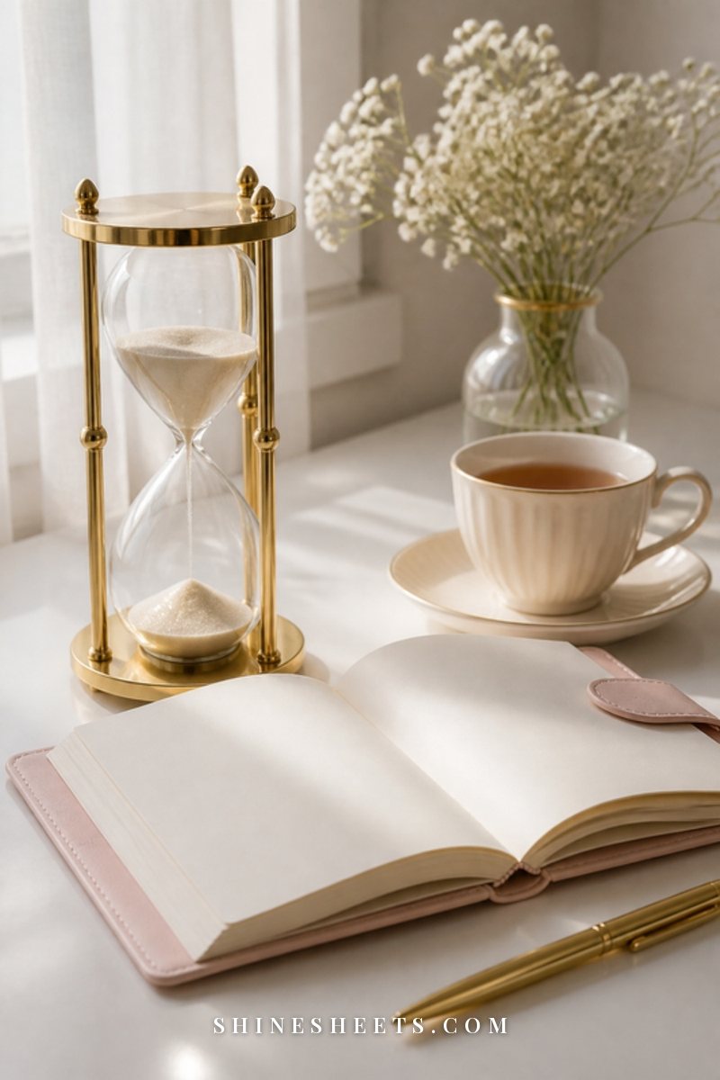 A cream journal, a small glass sand timer and a cup of tea on a sunlit wooden desk
