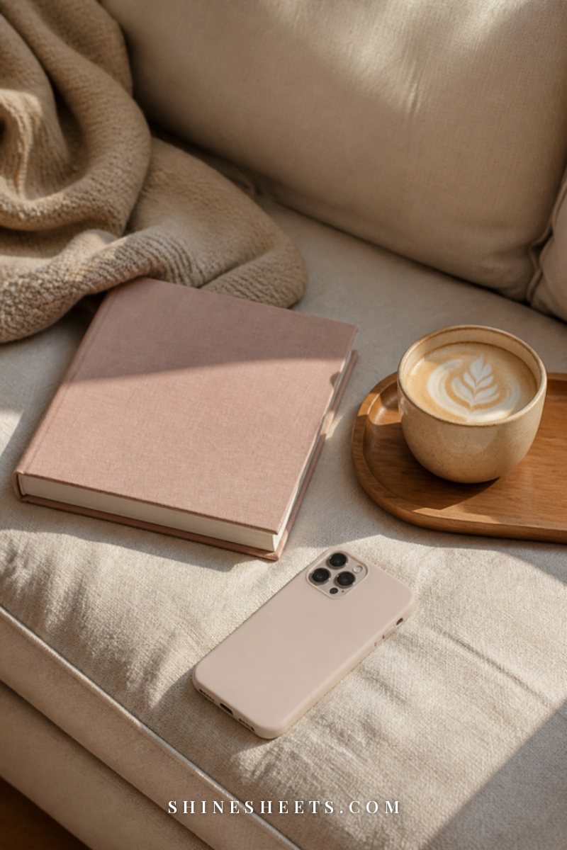 A phone lying face down on a cream linen sofa next to a closed book and a cup of coffee