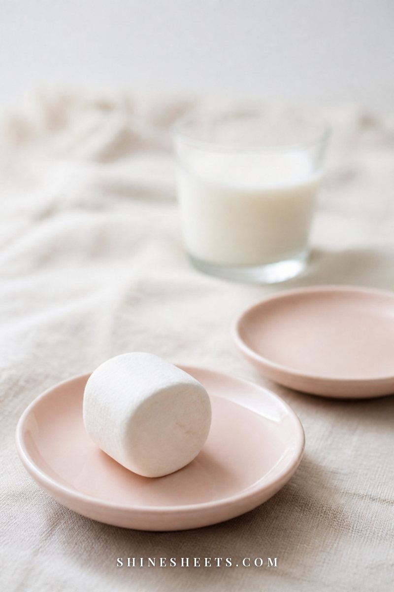 A single soft white marshmallow on a small blush ceramic plate on a cream table