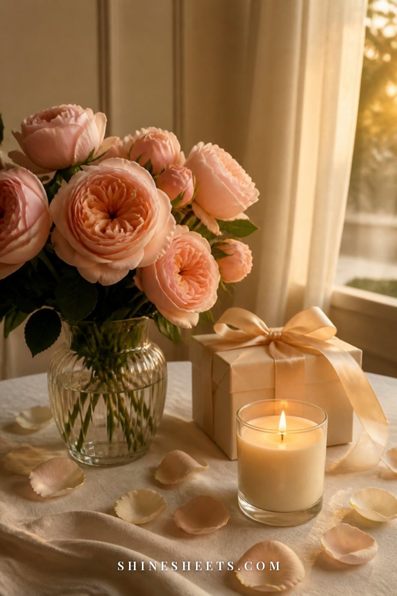 A small bouquet of blush roses, a ribbon-tied gift box and a lit glass candle on a cream table
