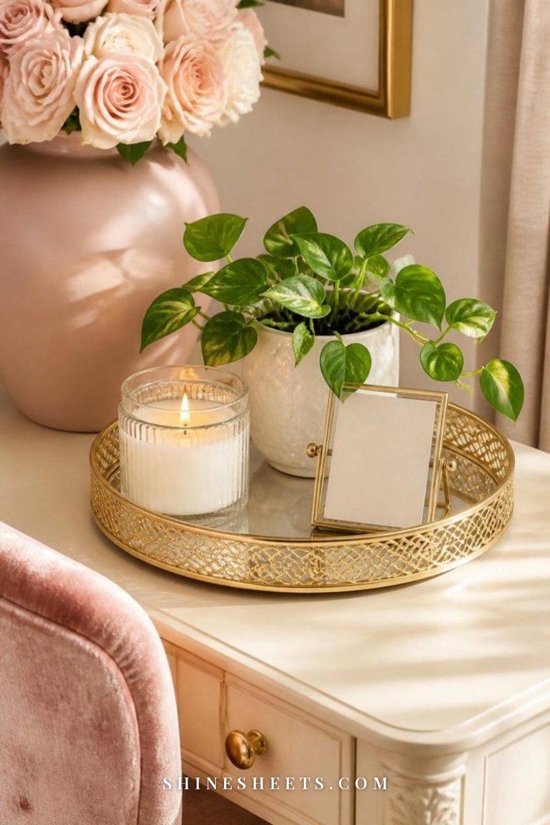 Back corner of a cream desk with a small gold tray holding a lit candle in a clear glass jar, a little potted trailing plant and a framed blank card