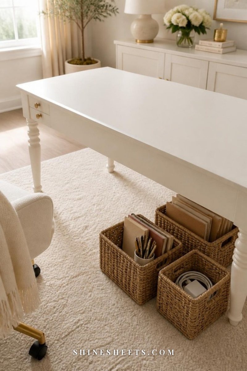 Clean white desk wiped bare with desk items sorted into three woven baskets on a cream rug beside it