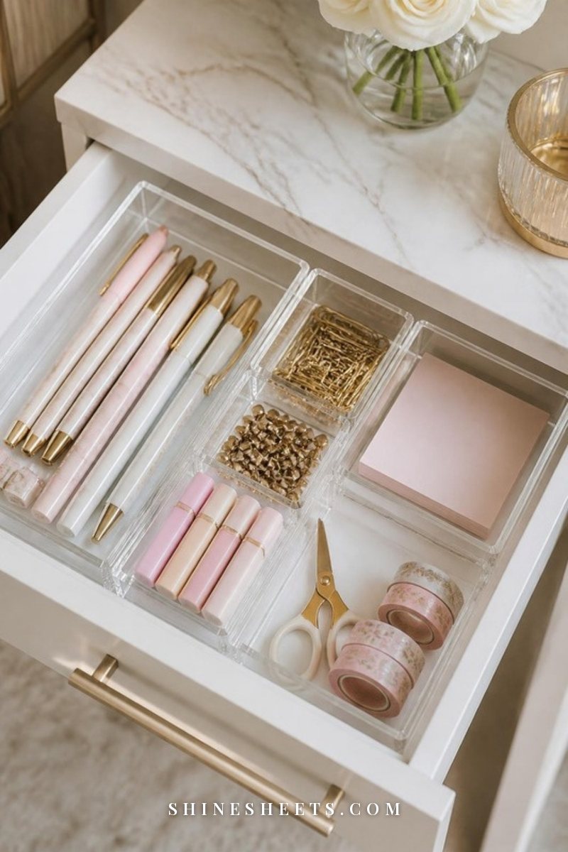 Open white desk drawer fitted with clear acrylic organizers holding pens, sticky notes, clips and scissors in neat rows