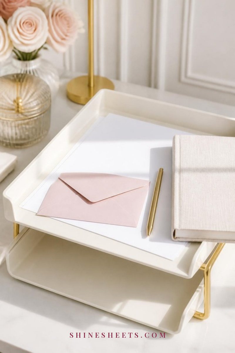 Two stacked cream letter trays on a white desk, the top tray holding a few blank sheets of paper and an envelope, soft daylight