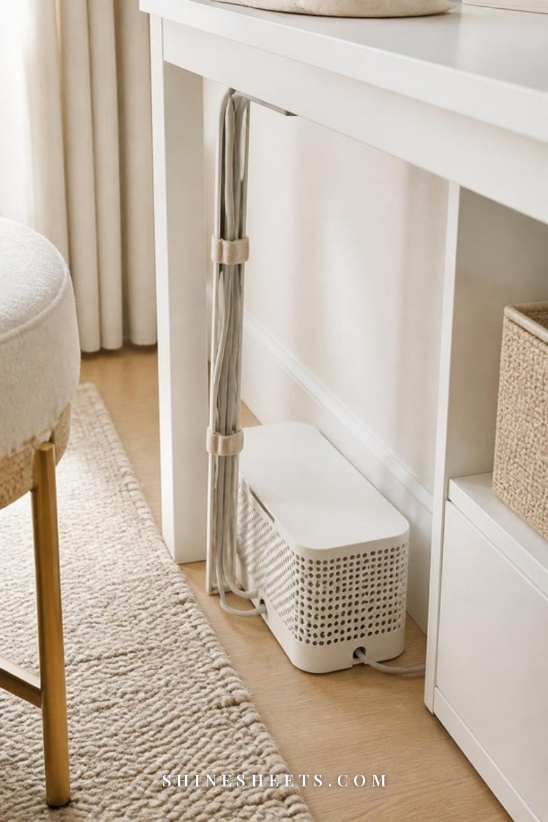 White cable management box on a light wood floor under a desk with neatly coiled cords secured by soft cable ties