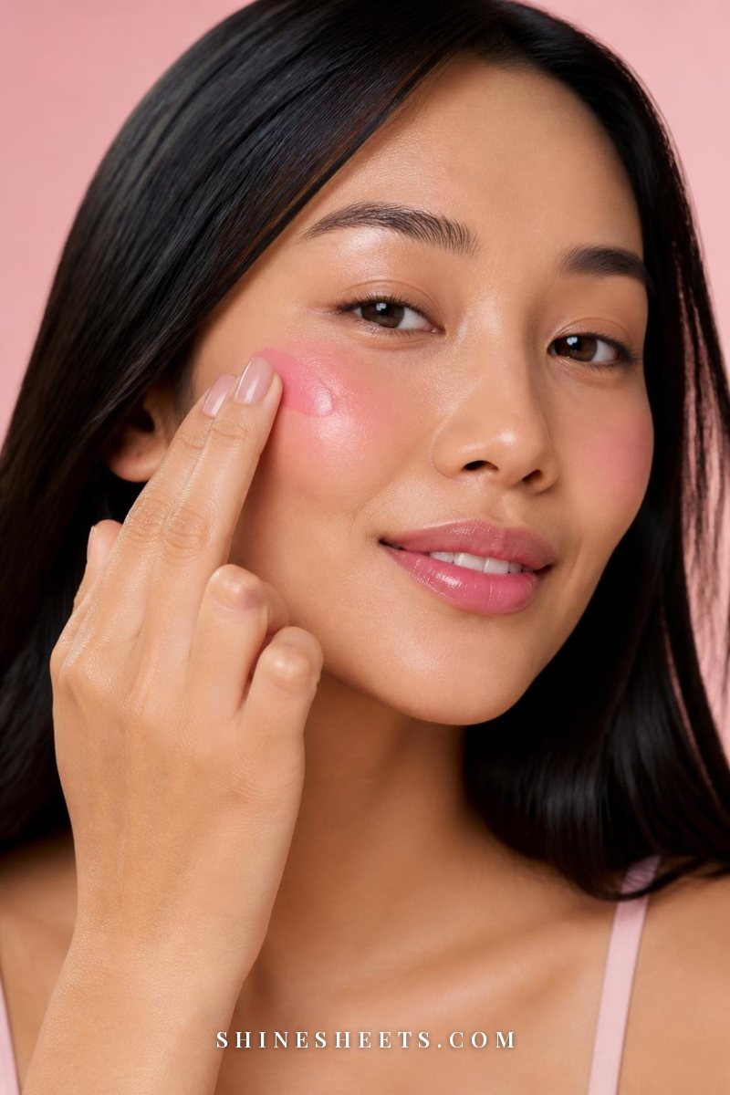 Smiling woman tapping pink cream blush onto the apples of her cheeks for a fresh dewy flush