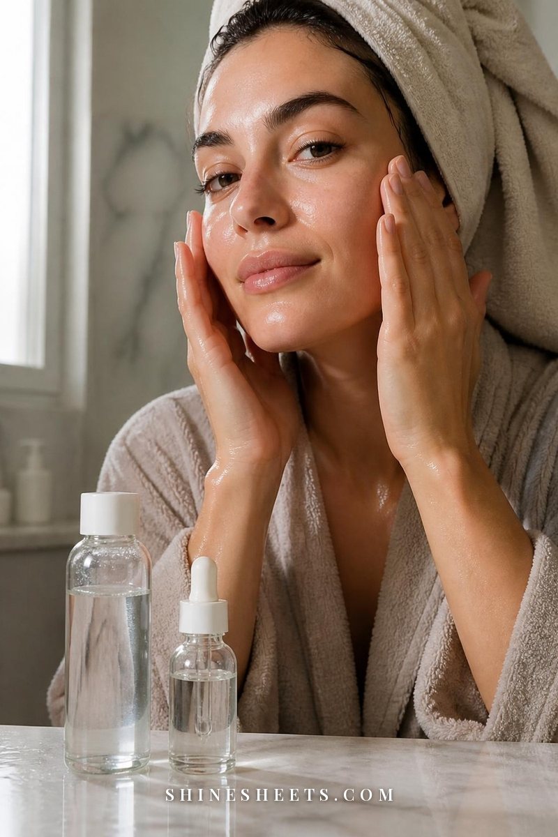 Woman in a towel wrap patting hydrating essence into damp skin beside toner and hyaluronic serum bottles