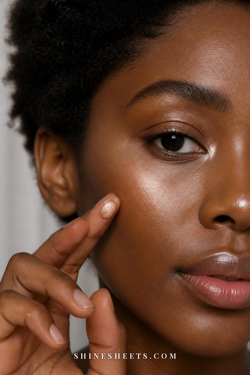 Close-up of deep brown skin with champagne liquid highlighter glowing on the cheekbone