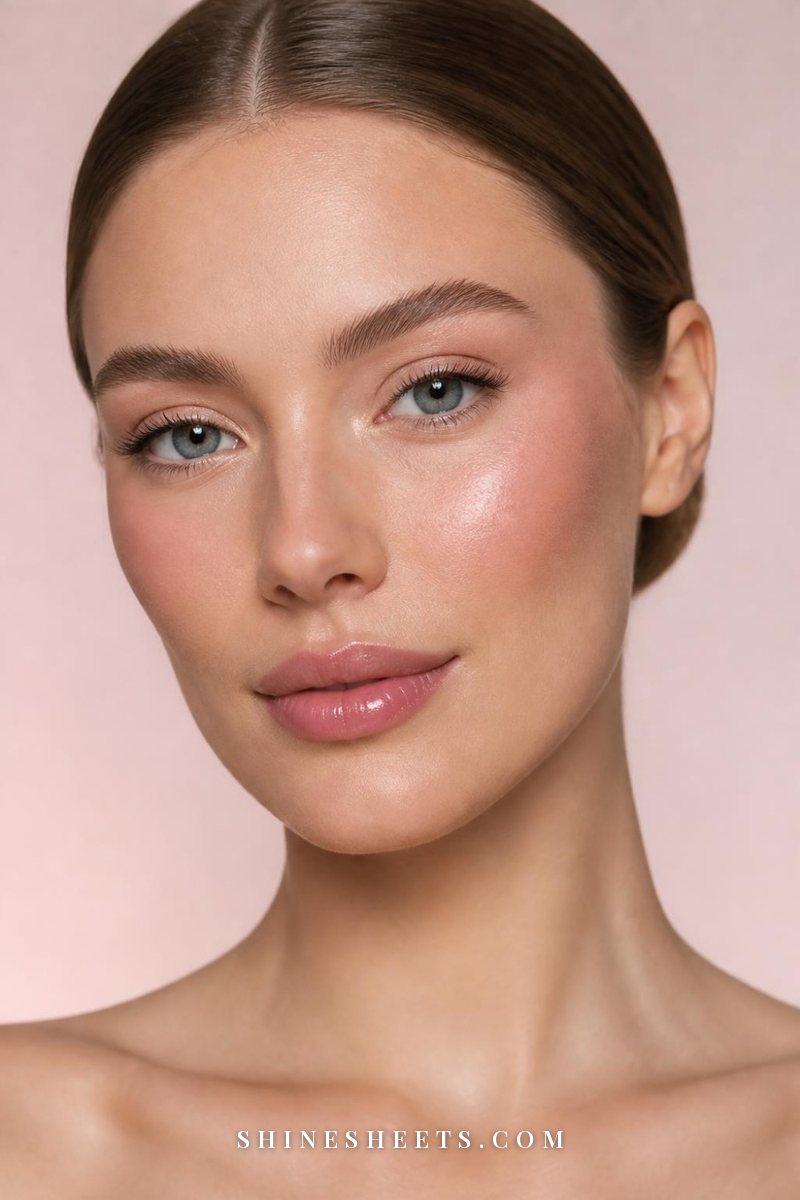Finished dewy makeup with glowing cheekbones, soft matte T-zone, pink blush and glossy lips