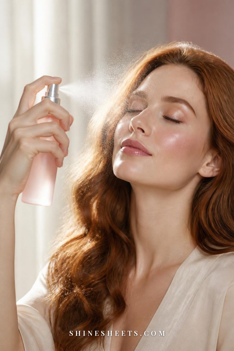 Auburn-haired woman with eyes closed misting setting spray over her dewy makeup