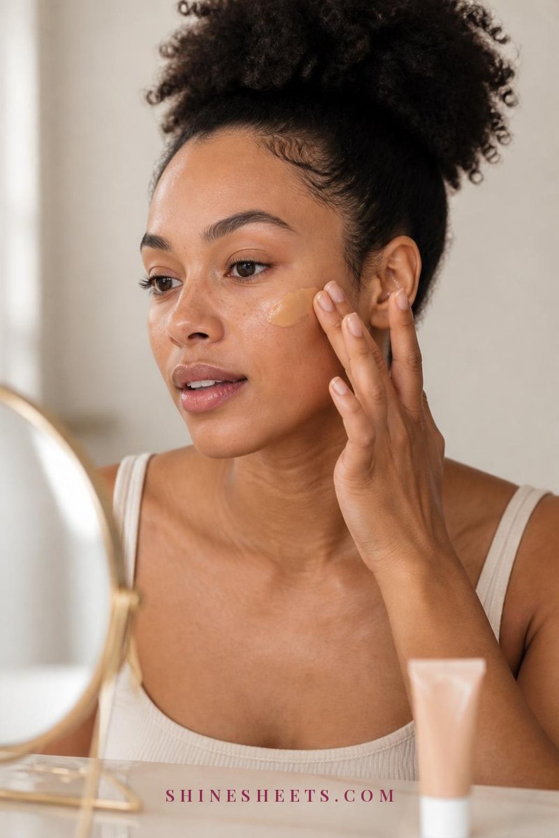 Woman with curly hair blending a sheer dewy skin tint into her cheek with her fingertips