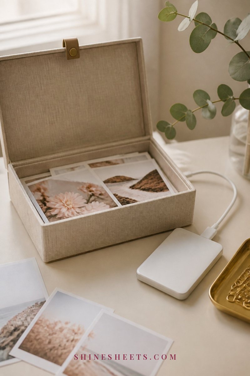 Linen photo storage box with a few printed photos, a white portable backup drive and a sprig of eucalyptus on a cream desk