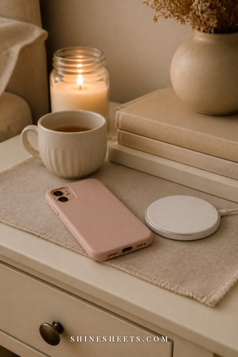 Phone lying face-down on a cream linen nightstand next to a white wireless charging pad, a glass candle and tea