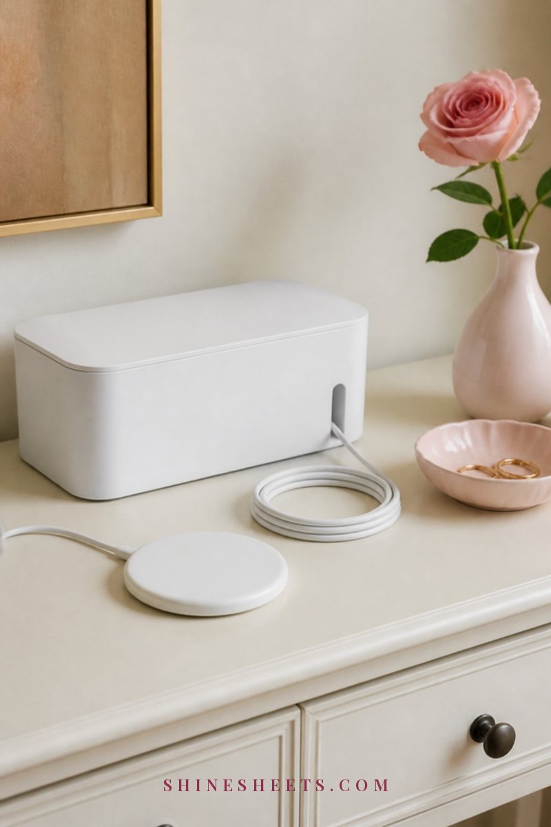 White cable organizer box with a neatly coiled charger, a white wireless charging pad and a blush ceramic dish on a cream dresser