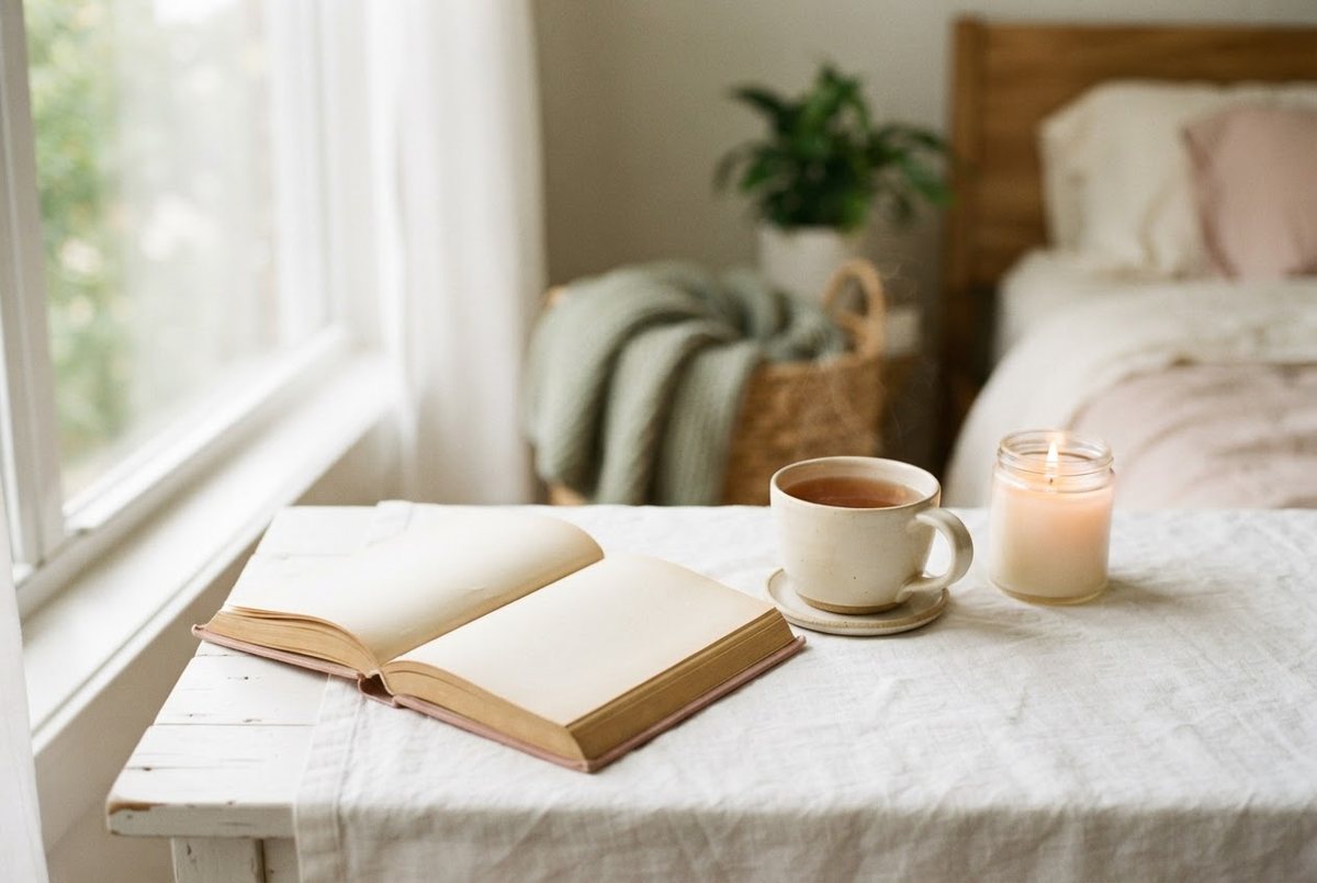 Cream analog alarm clock, an open paperback and a glass candle on a white linen bedside table in soft morning light
