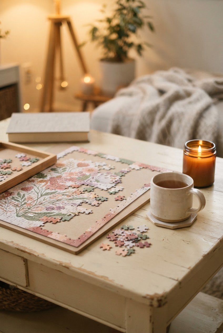 Half-finished pastel jigsaw puzzle, a cup of tea and a glass candle on a cream wooden table in warm evening light