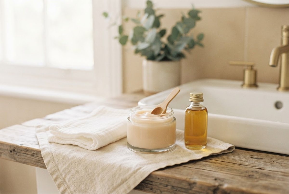 Open jar of cleansing balm, a folded white muslin cloth and a small glass bottle of cleansing oil on a cream linen towel by a sink