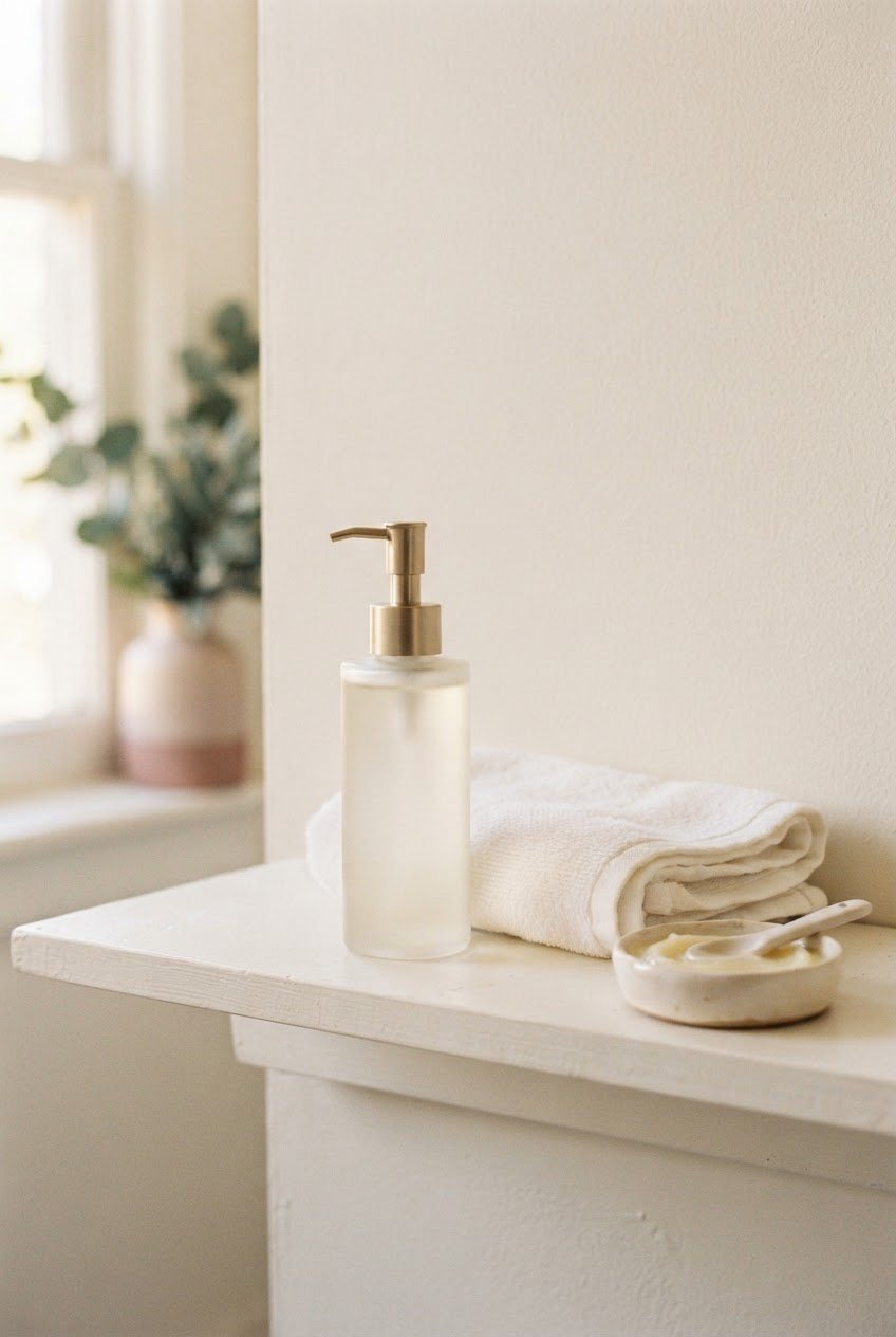 Pump bottle of cleansing oil, a folded white face towel and a small dish with a cream cleansing balm on a white bathroom shelf in soft light