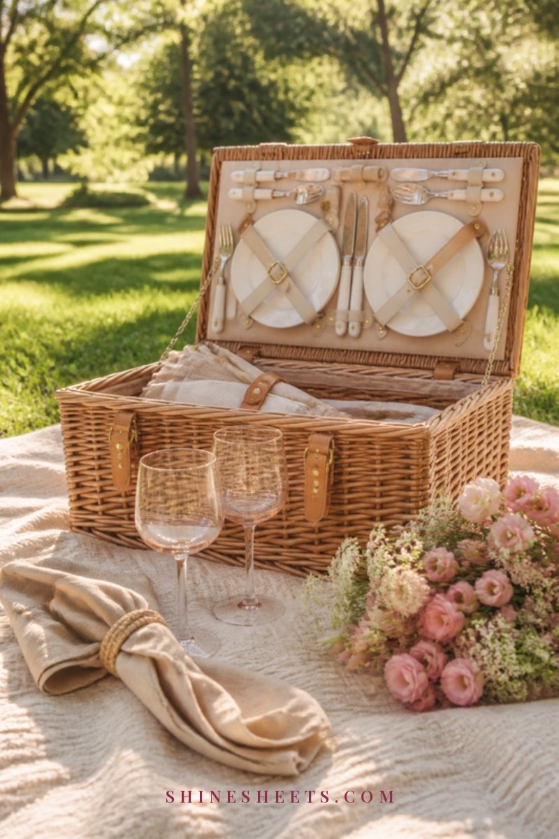 A cream picnic blanket spread on grass in a park with a wicker basket, a cream thermos, four cups and a small bunch of wildflowers