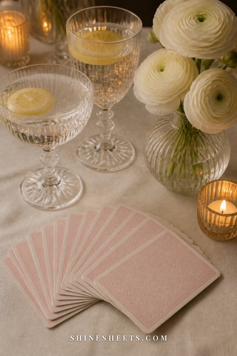 A cream tabletop with gold-edged playing cards fanned out, a small score pad with blank paper, a gold pen and two glasses of sparkling water