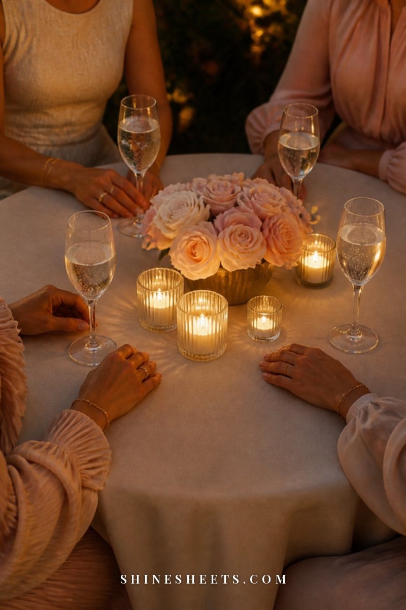 Four glasses of sparkling water and a small bowl of blush roses on a candlelit table, two couples' hands resting on the table in soft evening light