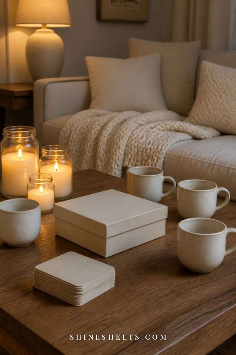 A living room coffee table set for a game night with a cream card game box, playing cards, four mugs and glass jar candles glowing