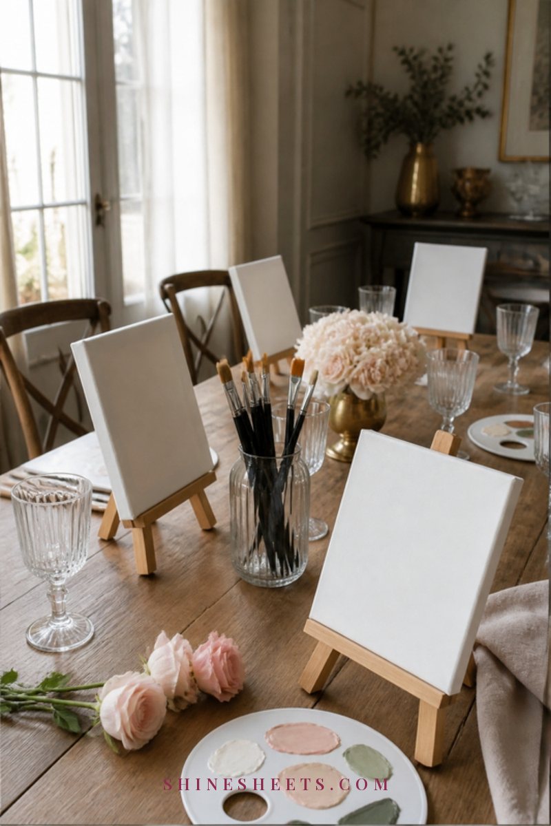 A table set for a creative evening with four small blank canvases, paintbrushes in a glass jar, pastel paints and a vase of blush roses