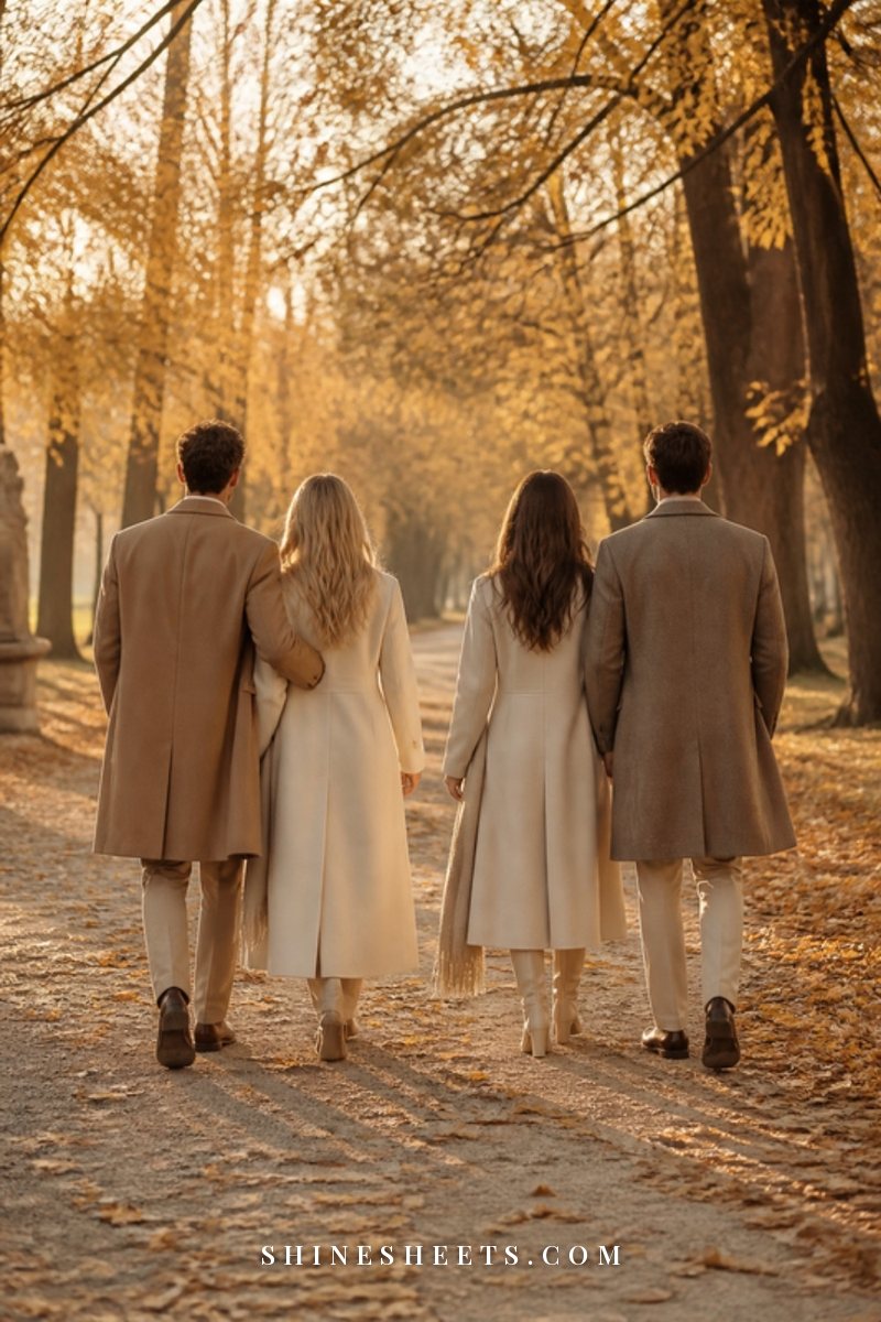 Two couples seen from behind walking together along a tree-lined autumn path at golden hour, wearing cream and camel coats