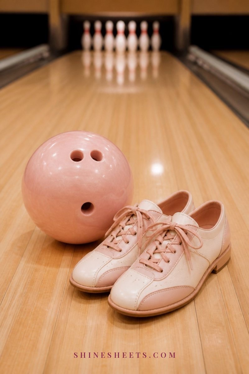 Two couples seen from a distance at a bowling alley with soft pastel lighting, cream bowling balls lined up in the foreground