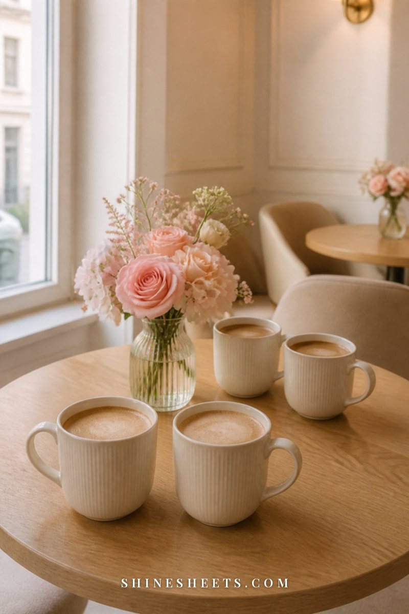 Two pairs of cream ceramic mugs on a wooden café table beside a small vase of blush flowers in soft morning light
