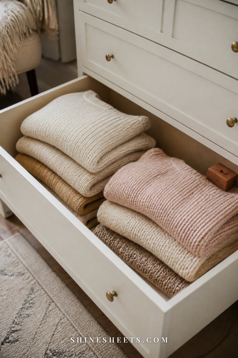 Deep bottom dresser drawer with soft knit sweaters in cream, oatmeal and blush folded and stacked loosely with space between