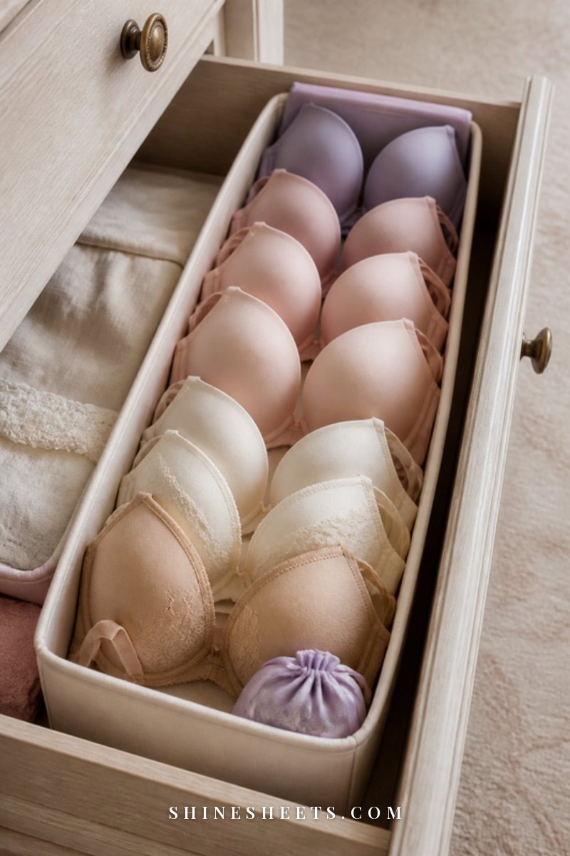 Molded bras in nude, blush and cream nested inside each other in a row in an open dresser drawer