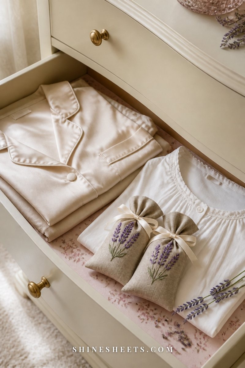 Small lavender sachets tied with cream ribbon on top of neatly folded pale linens in an open dresser drawer