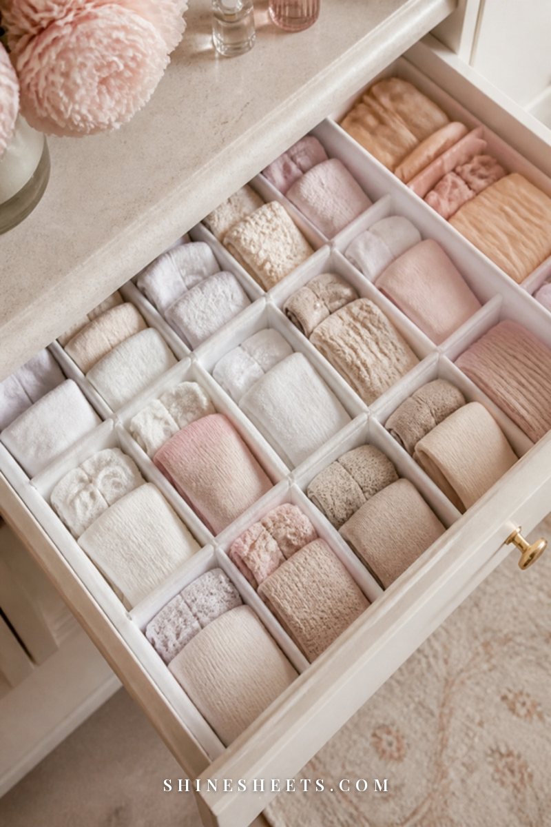 Top dresser drawer with a white grid organizer holding rolled socks in cream, white and blush in neat rows