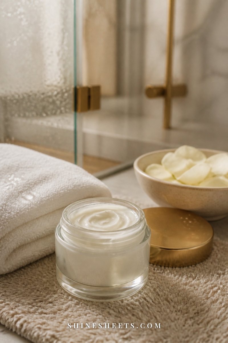 Glass jar of thick cream moisturizer open on a beige bath mat beside a folded towel and a small bowl of white petals