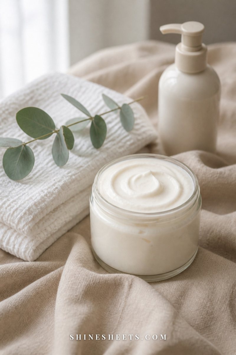 Soft cream body butter in a glass jar, a folded white towel and a sprig of eucalyptus on a beige linen surface